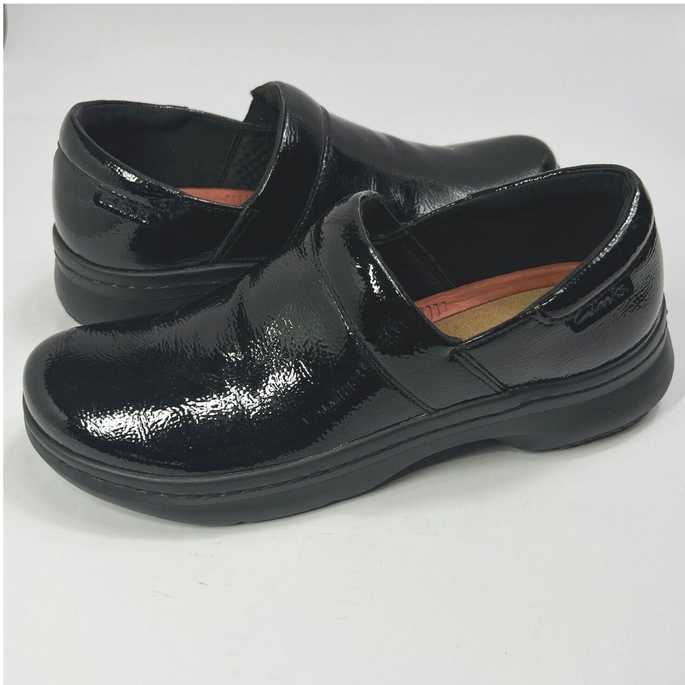 Clarks Slip On Clogs Comfort Work Shoes Patent Leather Black Size 9.5 Casul‎
